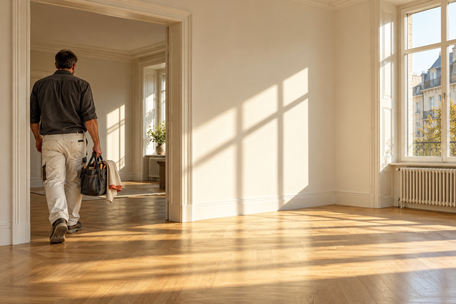 Ein Handwerker verlässt mit seiner Tasche eine fertig renovierte, sonnige Wohnung.