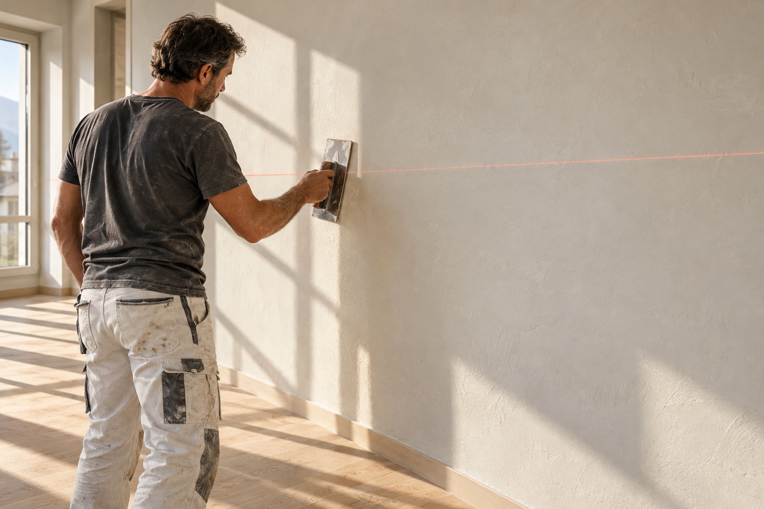 Ein Handwerker glättet in einer hellen Wohnung eine Wand.