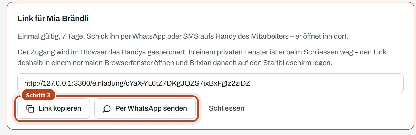 Der Link für Mia Brändli mit «Link kopieren» und «Per WhatsApp senden» (Schritt 3).