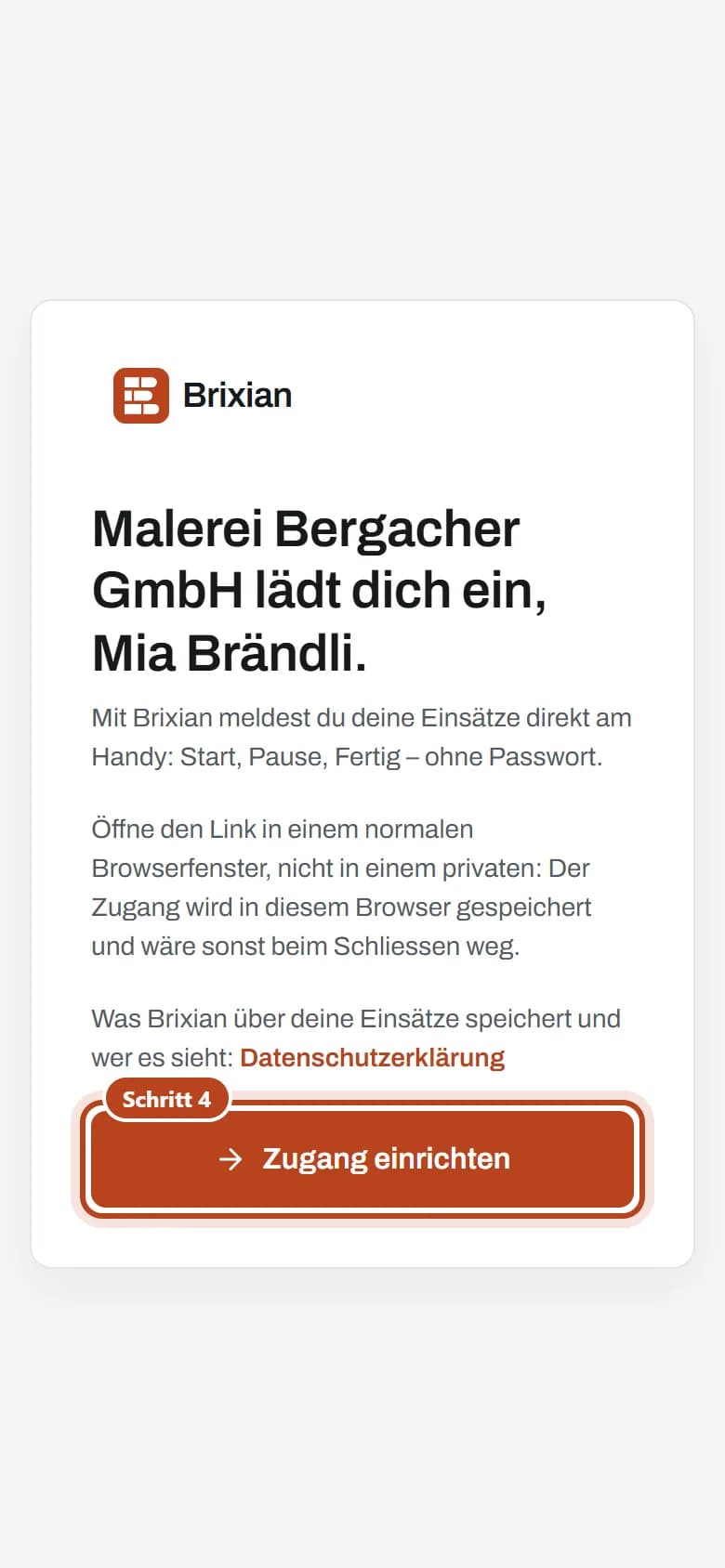 Handy der Mitarbeiterin: die Einladung mit dem Knopf «Zugang einrichten» (Schritt 4).
