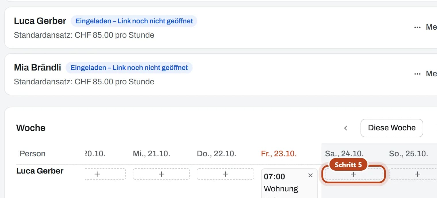 Der Wochenplan auf der Seite «Team»: das Plus beim Tag von Luca Gerber (Schritt 5).