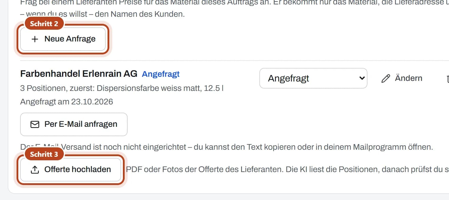 Im Auftrag unter «Material»: «Neue Anfrage» (Schritt 2) und bei der Anfrage «Offerte hochladen» (Schritt 3).