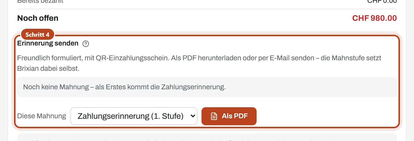 Eine überfällige Rechnung: «Erinnerung senden» mit der Stufe und dem Knopf «Als PDF» (Schritt 4).