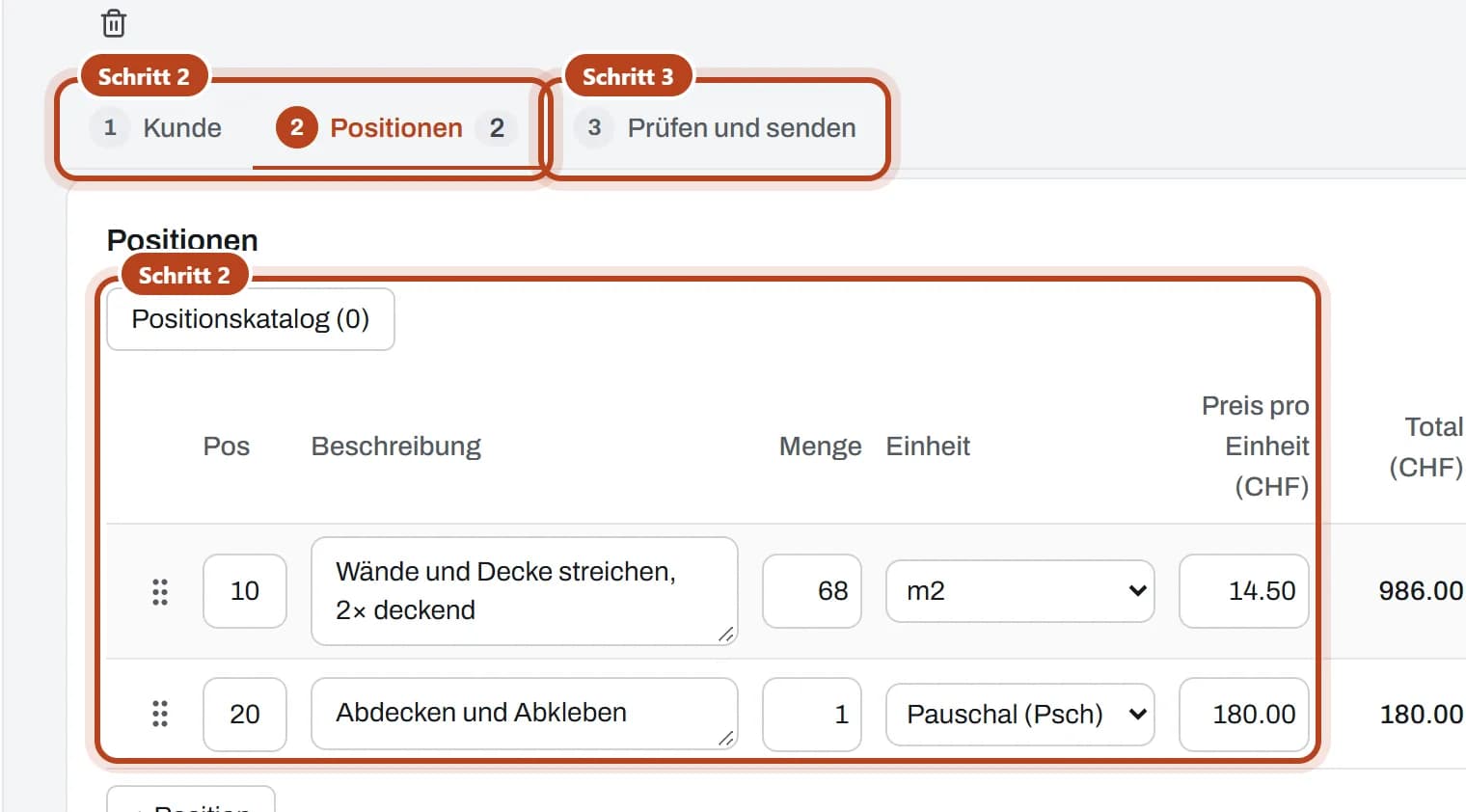 Offerte für die Bäckerei Moosacher: die Schritte «Kunde» und «Positionen» mit den Positionen (Schritt 2), daneben «Prüfen und senden» (Schritt 3).