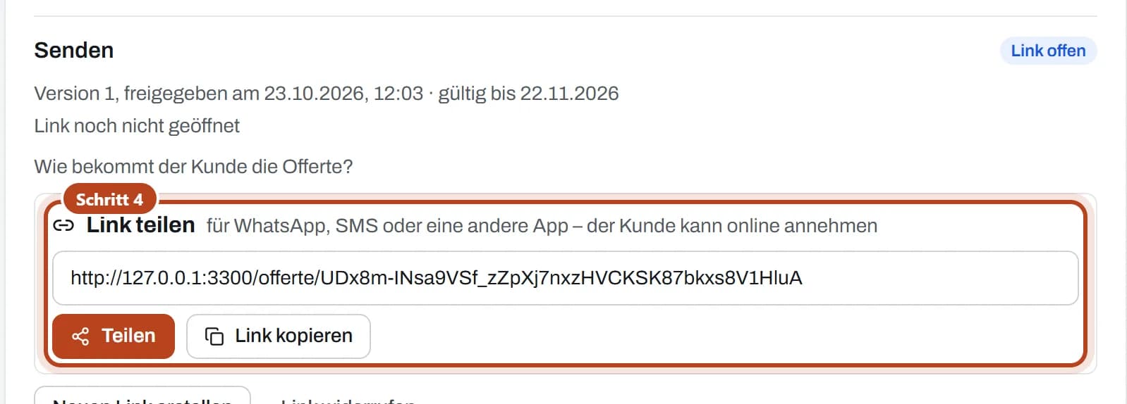 Bei «Senden» der Teil «Link teilen» mit dem Link und den Knöpfen «Teilen» und «Link kopieren» (Schritt 4).