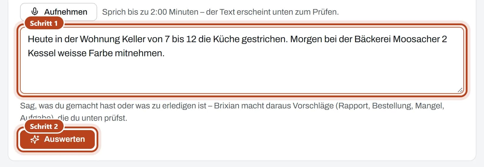 «Zu prüfen»: die getippte Notiz (Schritt 1) und der Knopf «Auswerten» (Schritt 2).