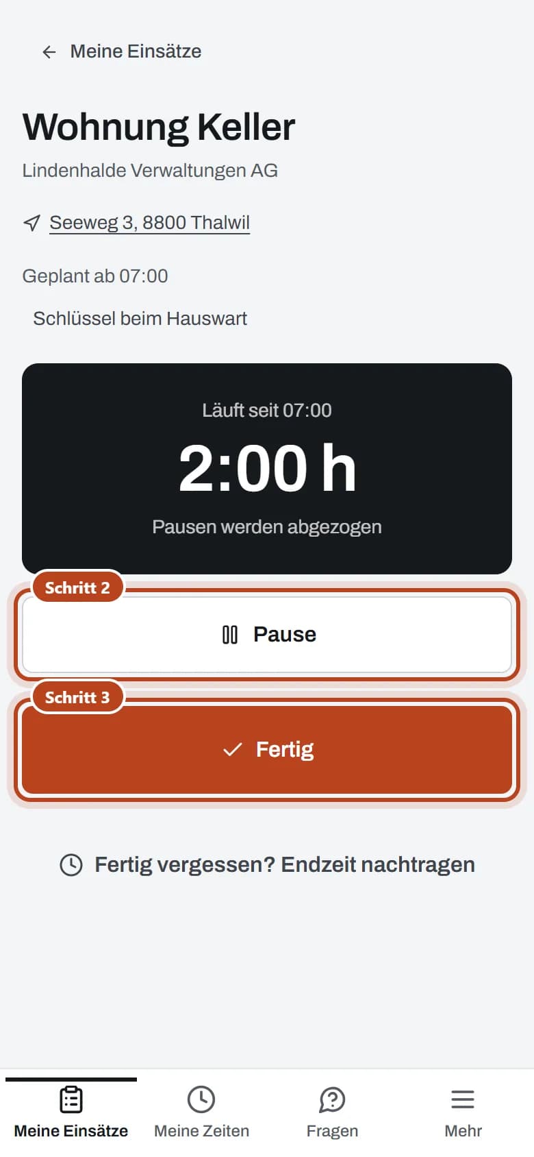 Handy während der Arbeit: 2:00 h, darunter «Pause» (Schritt 2) und «Fertig» (Schritt 3).