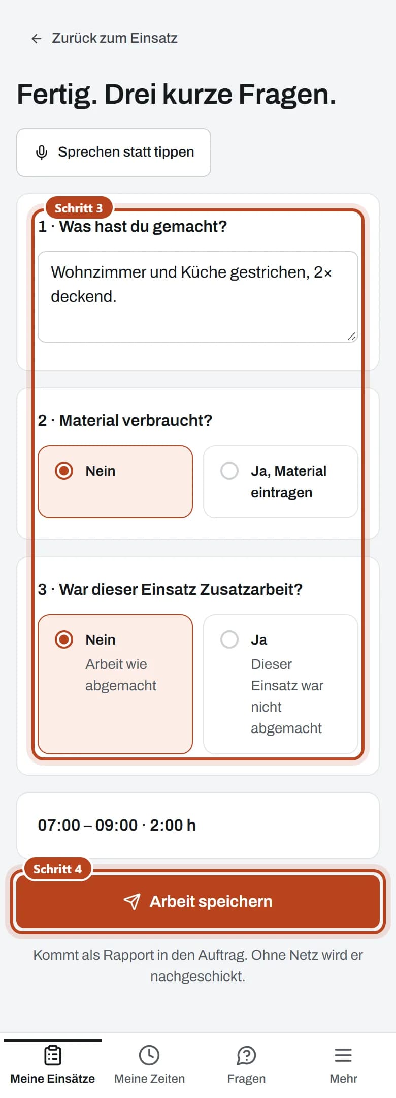 Handy: die drei kurzen Fragen (Schritt 3) und der Knopf «Arbeit speichern» (Schritt 4).